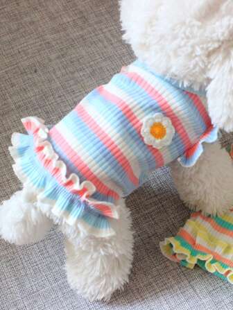 1入組條紋印花寵物連衣裙適用於狗狗和貓適用於夏天