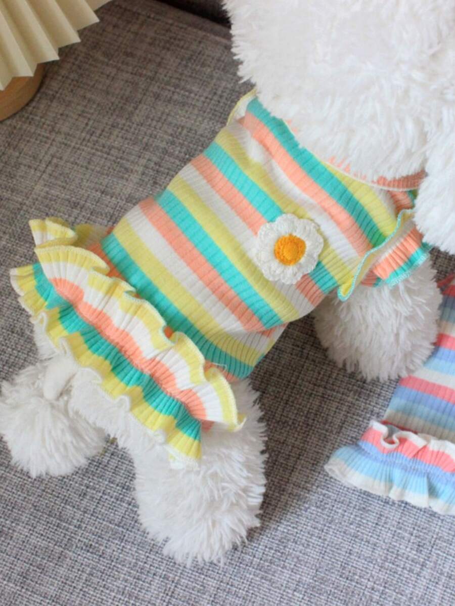 1 pieza Vestido de mascota con estampado de rayas para perro con gato para verano - Amarillo - Ver 1