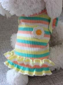 1 pieza Vestido de mascota con estampado de rayas para perro con gato para verano - Amarillo - Ver 2