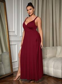 SHEIN SXY Plus Split Thigh Cami Dress - Burgundy - View 4