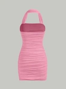SHEIN MOD Vestido ajustado unicolor fruncido halter - Rosa - Ver 2