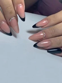 Elevate Your Style With 24pcs Long Almond Black French Rhinestones Two Tone Fake Nail & 1sheet Tape & 1pc Nail File Press On Nails Nail Supplies