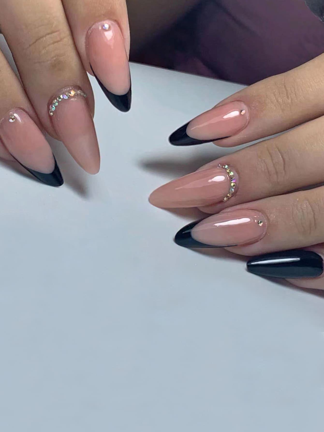 Elevate Your Style With 24pcs Long Almond Black French Rhinestones Two Tone Fake Nail & 1sheet Tape & 1pc Nail File Press On Nails Nail Supplies