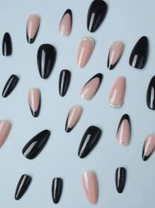 Elevate Your Style With 24pcs Long Almond Black French Rhinestones Two Tone Fake Nail & 1sheet Tape & 1pc Nail File Press On Nails Nail Supplies