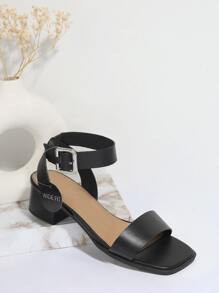 SHUZIA Wide Fit Buckled Ankle Strap Block Heels - Black - View 1