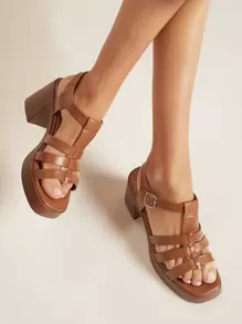 SHUZIA Block Heel Open Toe Caged Strap Sandals Summer Shoes Spring Shoes Spring Break Easter Prom Heels Wedding Shoes For Christmas - Brown - View 1
