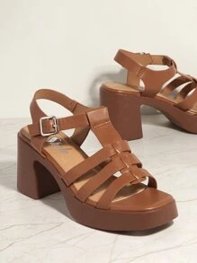SHUZIA Block Heel Open Toe Caged Strap Sandals Summer Shoes Spring Shoes Spring Break Easter Prom Heels Wedding Shoes For Christmas - Brown - View 2