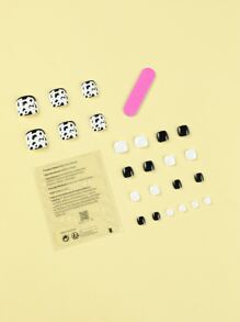 立即升級您造型，24入組短方形黑白牛奶圖案牛圖案假腳趾甲和1張膠帶和1入組指甲銼適合女士和女孩 - 彩色 - 查看 2