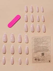 24pcs Medium Almond Press On Nails With Red French Tip&Red Line Design Glossy Full Cover Fake Nails For Women Girls Daily Wear- Includes Nail File & Jelly Adhesive - White - View 2