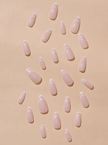 24pcs Medium Almond Press On Nails With Red French Tip&Red Line Design Glossy Full Cover Fake Nails For Women Girls Daily Wear- Includes Nail File & Jelly Adhesive - White - View 3