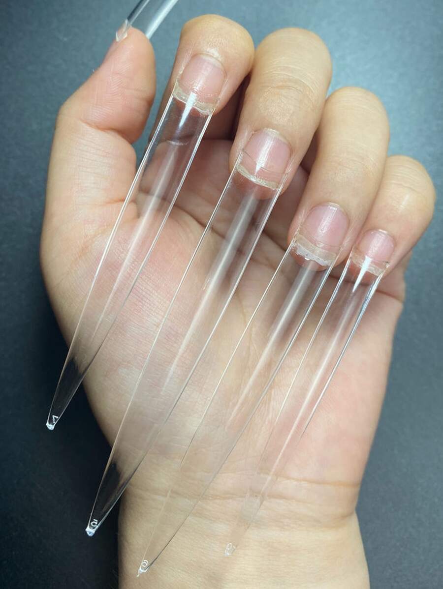 Agregue un toque de romance con 120 piezas de uñas postizas transparentes de almendras largas transparentes para el hogar DIY Salón de uñas Extensión de uñas - transparente - Ver 1