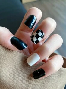 24pcs Short Square Plaid Print Fake Nail & 1sheet Tape & 1pc Nail File - Multicolor - View 1