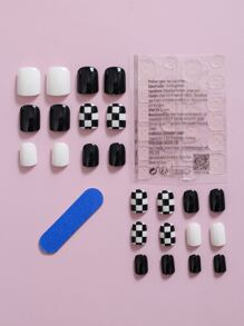 24pcs Short Square Plaid Print Fake Nail & 1sheet Tape & 1pc Nail File - Multicolor - View 2