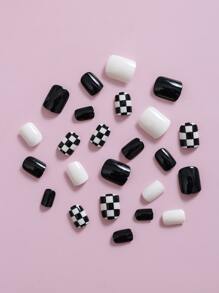 24pcs Short Square Plaid Print Fake Nail & 1sheet Tape & 1pc Nail File - Multicolor - View 5