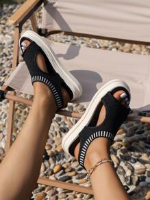 女士條紋圖案鏤空露跟運動黑色織物運動涼鞋