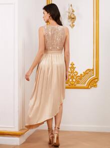 SHEIN Belle 亮片拼接不對稱下擺連衣裙 - 香檳色 - 查看 2