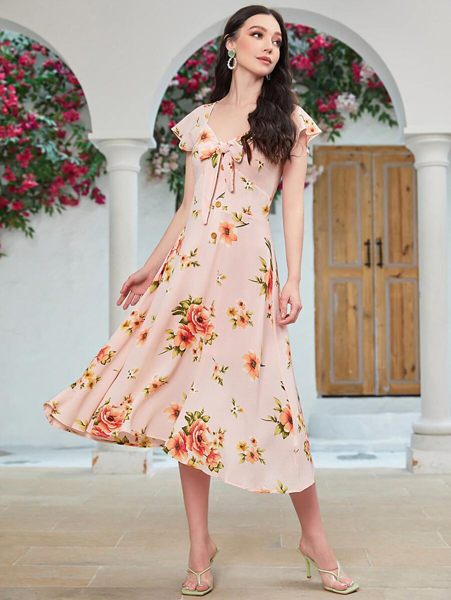 Mulvari Floral Print Knot Front Dress - Pink - View 1
