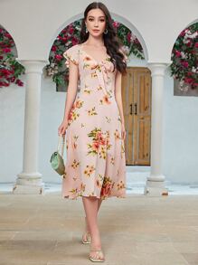 Mulvari Floral Print Knot Front Dress - Pink - View 3