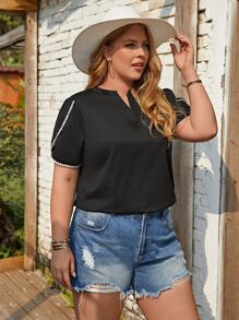 SHEIN LUNE Plus Notched Neckline Petal Sleeve Tee - Black - View 3