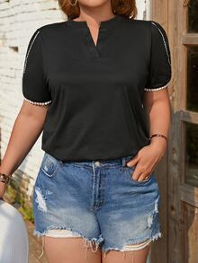 SHEIN LUNE Plus Notched Neckline Petal Sleeve Tee - Black - View 4