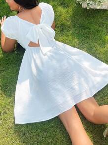 Soleia Đầm Lộ Lưng Buộc lại màu trơn Giải trí - trắng - Xem 2