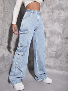 SHEIN ICON Jeans cargo con bolsillo lateral con solapa - Lavado ligero - Ver 4
