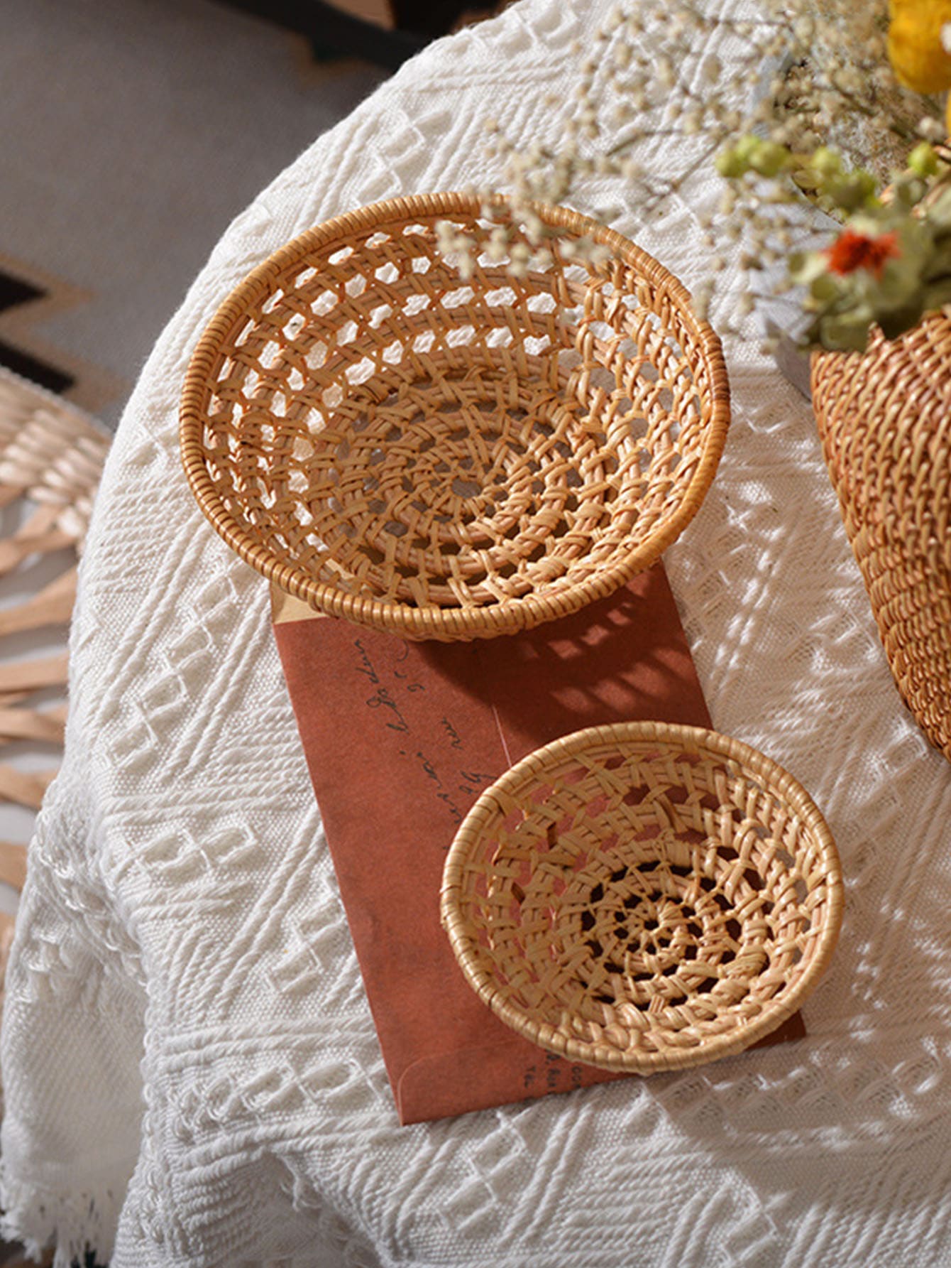 1pc Hollow Out Desktop Storage Basket, Rattan Desktop Organizer For Home - Khaki - View 1