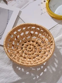 1pc Hollow Out Desktop Storage Basket, Rattan Desktop Organizer For Home - Khaki - View 2