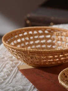 1pc Hollow Out Desktop Storage Basket, Rattan Desktop Organizer For Home - Khaki - View 3