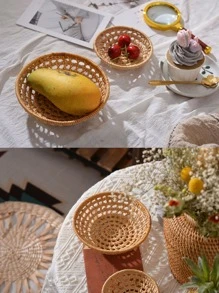 1pc Hollow Out Desktop Storage Basket, Rattan Desktop Organizer For Home - Khaki - View 7