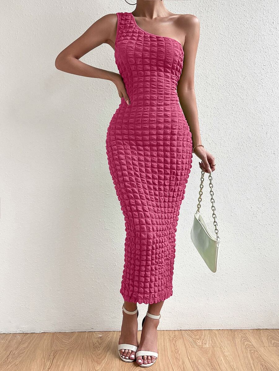 SHEIN Privé Solid One Shoulder Bodycon Dress - Hot Pink - View 1