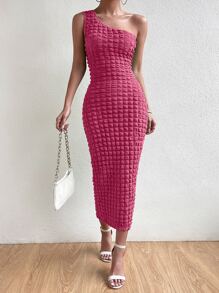SHEIN Privé Solid One Shoulder Bodycon Dress - Hot Pink - View 4