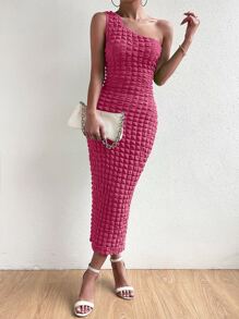 SHEIN Privé Solid One Shoulder Bodycon Dress - Hot Pink - View 6