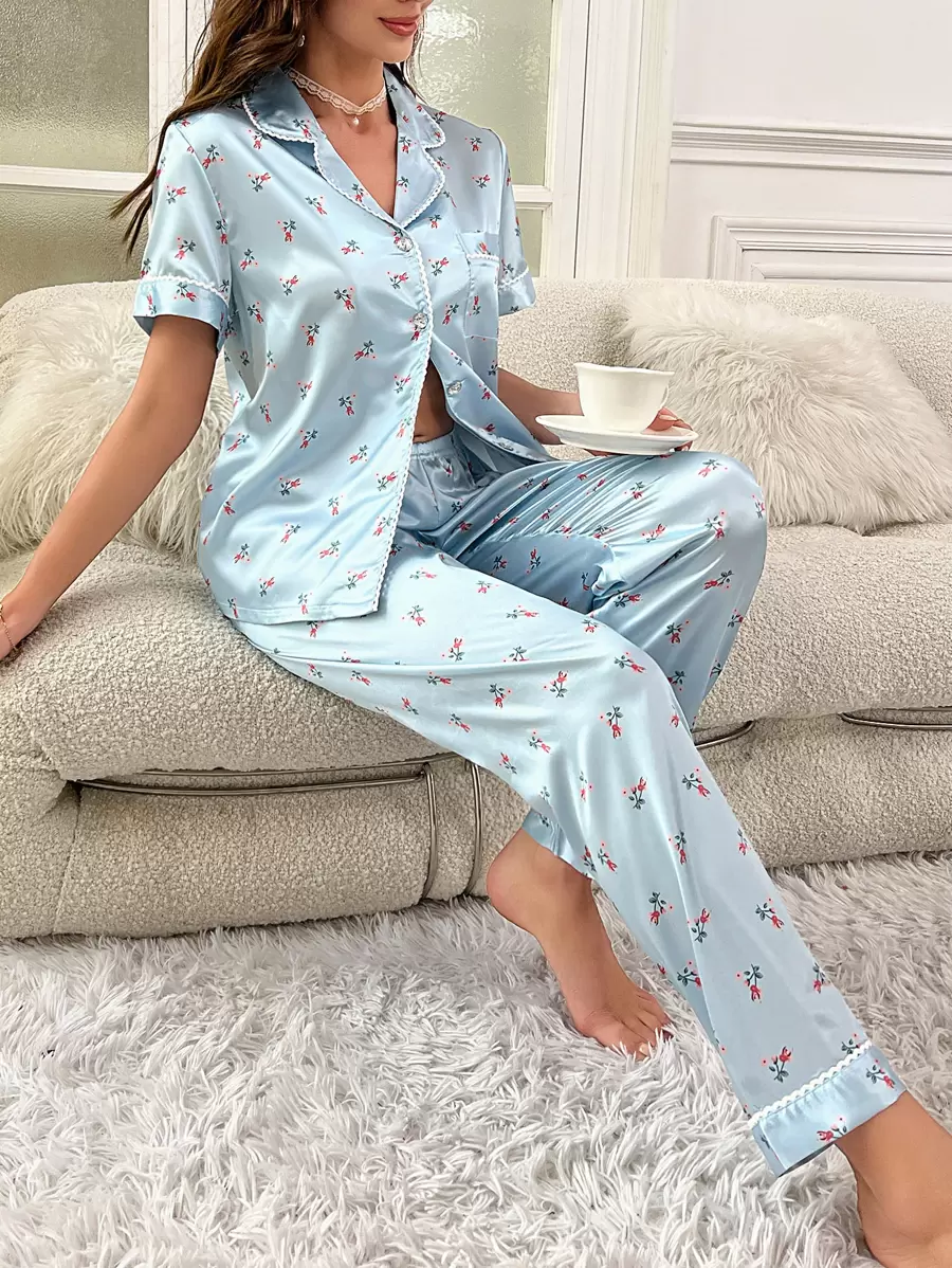Ditsy Floral Contrast Piping Satin PJ Set / Pajama Set - Baby Blue - View 1