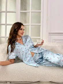 Ditsy Floral Contrast Piping Satin PJ Set / Pajama Set - Baby Blue - View 5