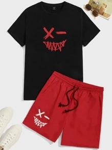 Manfinity VCAY Men Cotton Cartoon Graphic Tee & Drawstring Waist Shorts - Multicolor - View 1