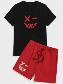 Manfinity VCAY Men Cotton Cartoon Graphic Tee & Drawstring Waist Shorts - Multicolor - View 5