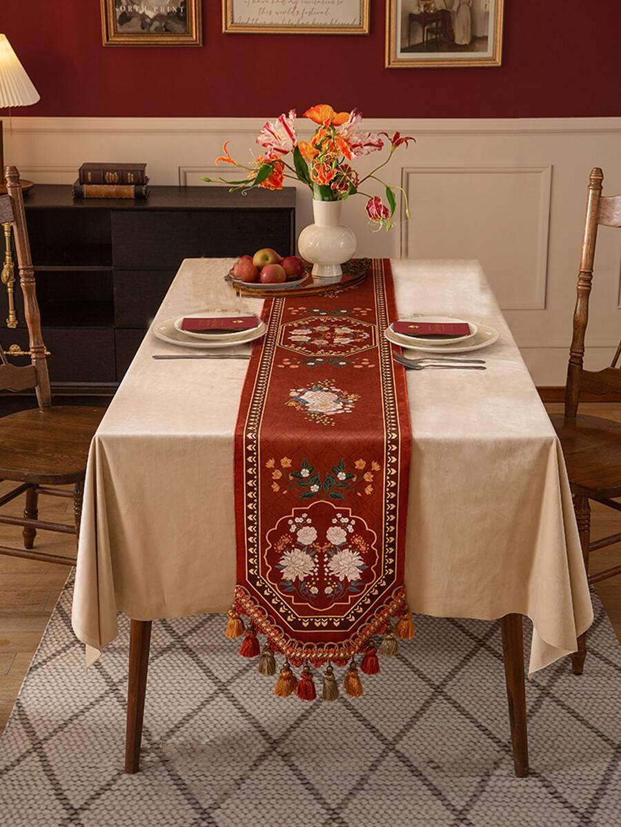 1入組豪華家居裝飾桌布，餐廳流蘇桌布 - 駝色 - 查看 1