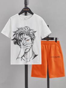 SHEIN 青少年男孩卡通角色印花T恤和短褲，夏季 - 橘色 - 查看 1