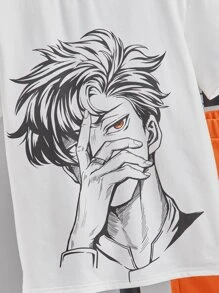SHEIN 青少年男孩卡通角色印花T恤和短褲，夏季 - 橘色 - 查看 4