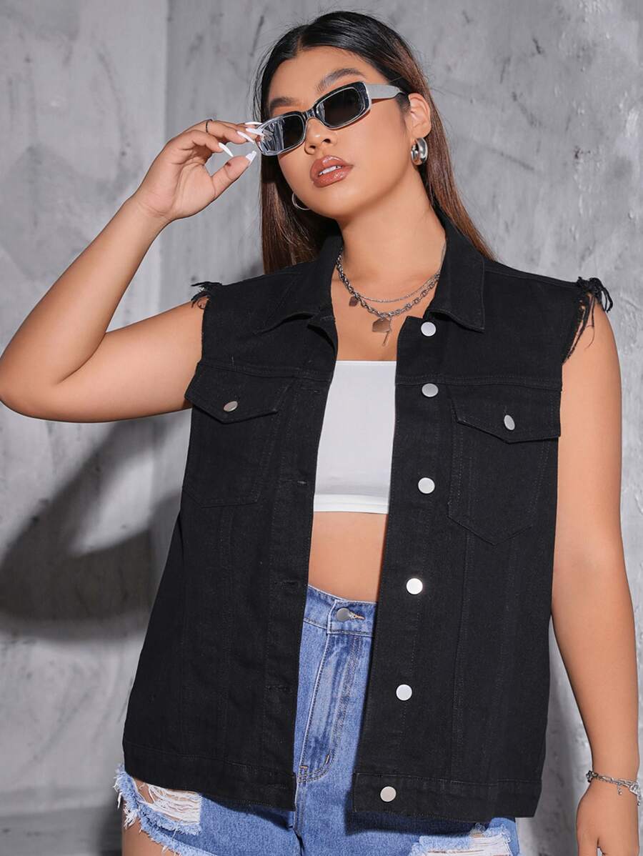 SHEIN EZwear Áo Jacket Denim Plus Size Túi Nút phía trước màu trơn Giải trí - màu đen - Xem 1
