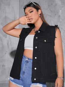 SHEIN EZwear Áo Jacket Denim Plus Size Túi Nút phía trước màu trơn Giải trí - màu đen - Xem 5