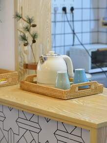 1 pieza Bandeja de ratán, bandeja de almacenamiento de alimentos de diseño tejido para el hogar - Caqui - Ver 3