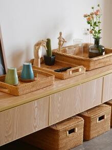 1 pieza Bandeja de ratán, bandeja de almacenamiento de alimentos de diseño tejido para el hogar - Caqui - Ver 4