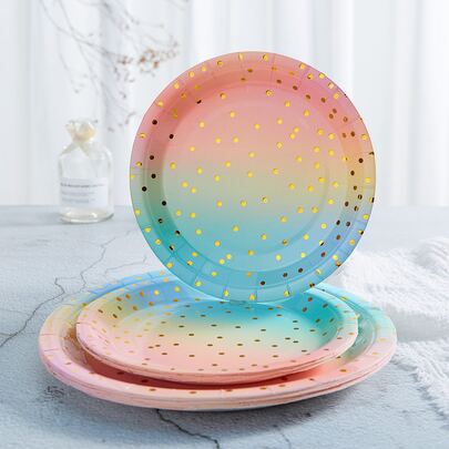 10入組/套一次性餐盤，7/9 英寸粉彩派對用品，金色圓點一次性紙盤，甜點盤，粉紅色紙質派對紙盤，一次性彩虹紙盤生日嬰兒洗禮婚禮彩虹派對餐具