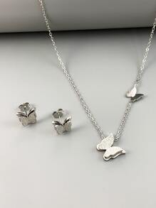3pcs Women's 18K Gold Plated Stainless Steel Sandblasted Butterfly Necklace And Earrings Set, Ideal For Birthday/Mother's Day/Valentine's Day, Dance Party Jewelry, Bohemian/Holiday/Wedding Season Valentines - Silver - View 2
