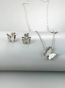 3pcs Women's 18K Gold Plated Stainless Steel Sandblasted Butterfly Necklace And Earrings Set, Ideal For Birthday/Mother's Day/Valentine's Day, Dance Party Jewelry, Bohemian/Holiday/Wedding Season Valentines - Silver - View 3