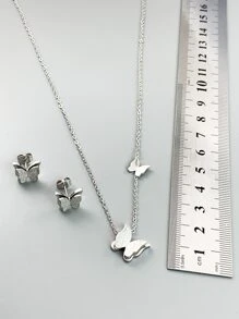 3pcs Women's 18K Gold Plated Stainless Steel Sandblasted Butterfly Necklace And Earrings Set, Ideal For Birthday/Mother's Day/Valentine's Day, Dance Party Jewelry, Bohemian/Holiday/Wedding Season Valentines - Silver - View 5