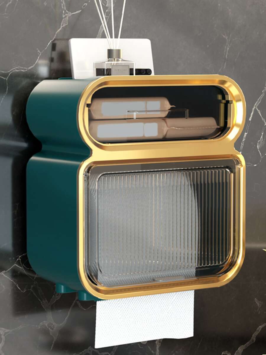 1pc Wall Mounted Toilet Paper Holder, Green Plastic Tissue Container For Home - Green - View 1