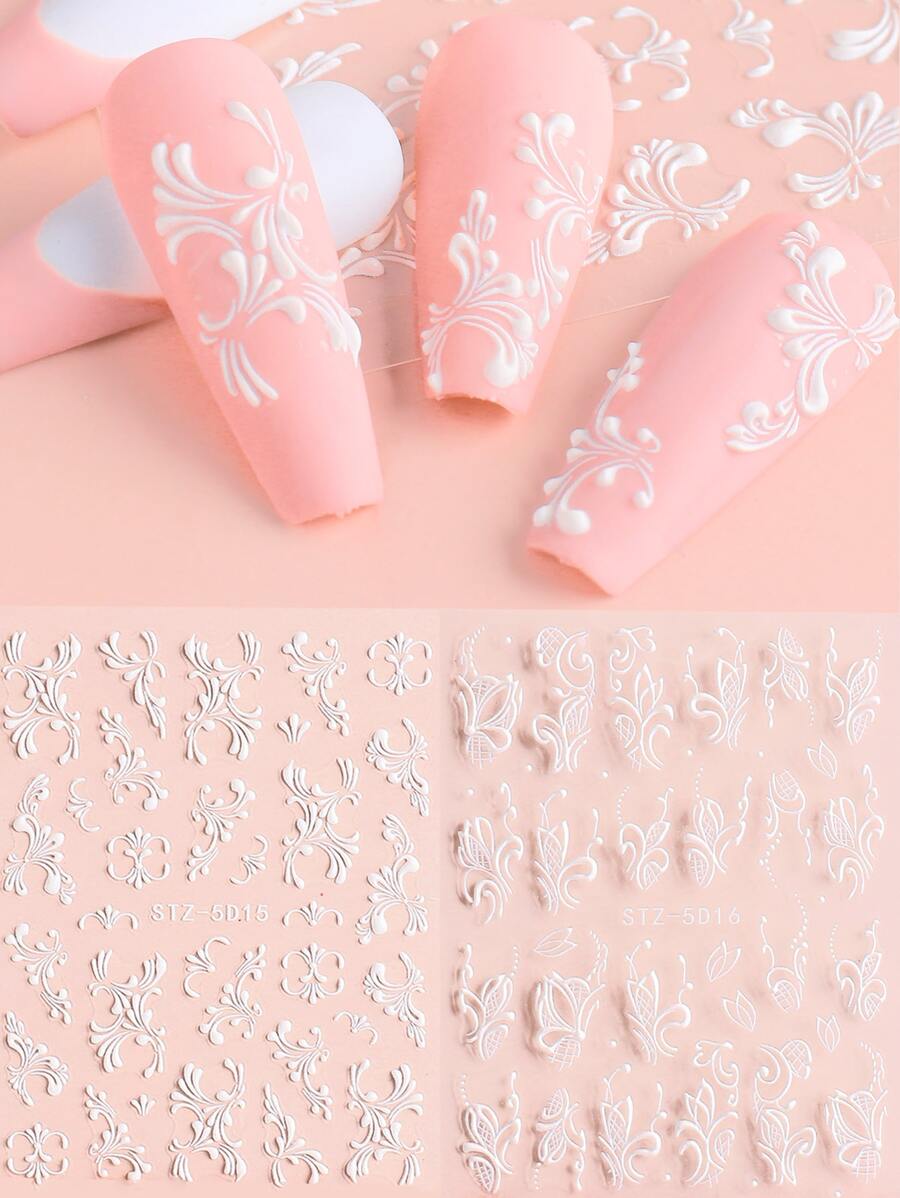 FULL BEAUTY 2张花卉图案美甲贴纸 - 白色 - 查看 1